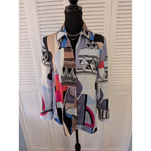 NIC + ZOE Blouse Women's S Jigsaw Bold Geo Abstract Art To Wear Button-Up Shirt - Picture 1 of 14